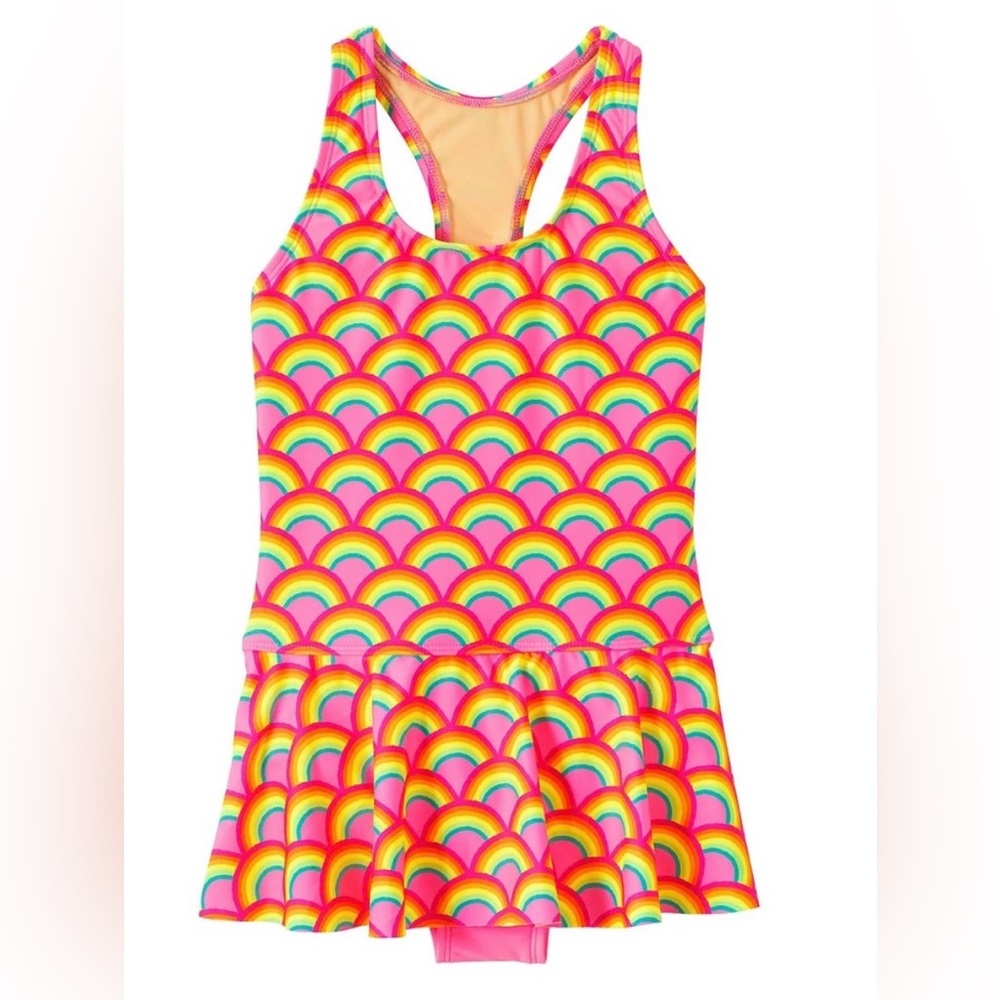 Lands End bright rainbow One Piece Swimsuit skirt size 10